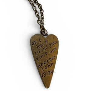 New! Plunder John 13:34 Scripture Heart Pendant Necklace Antique Gold Tone